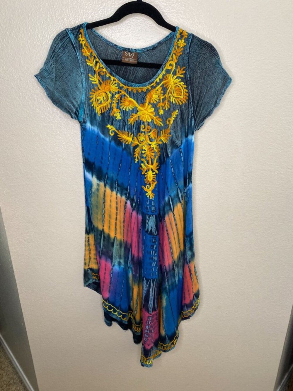 NF Womens Tie-Dye Short Sleeve Tunic Dress Yellow Embroidery midi round neck